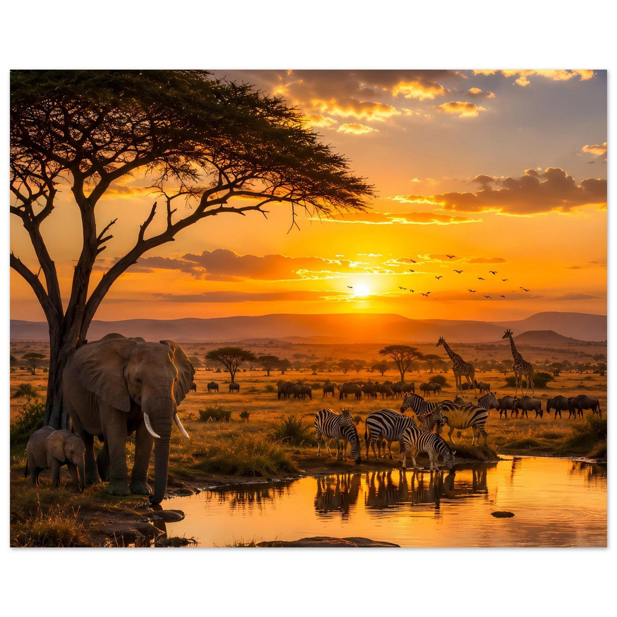 Poster: Elefanten links, Zebras am Wasser, afrikanische Savanne mit Sonnenuntergang