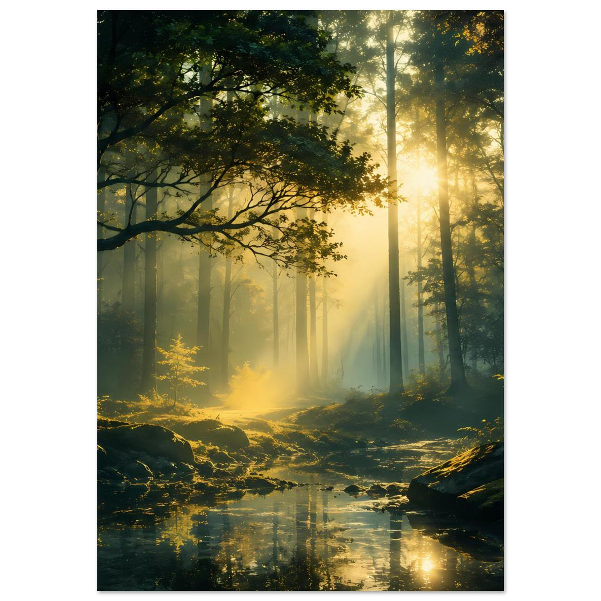 Hochkantiges Poster: Bäume und Sonnenlicht im Nebel über einem ruhigen Bachlauf.