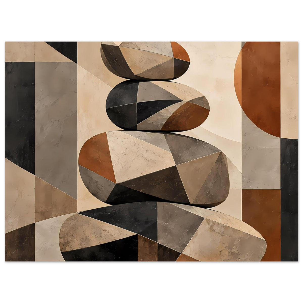 Ausschnitt eines Posters mit Steinstapel in Grau, Beige, Schwarz und Rostbraun
