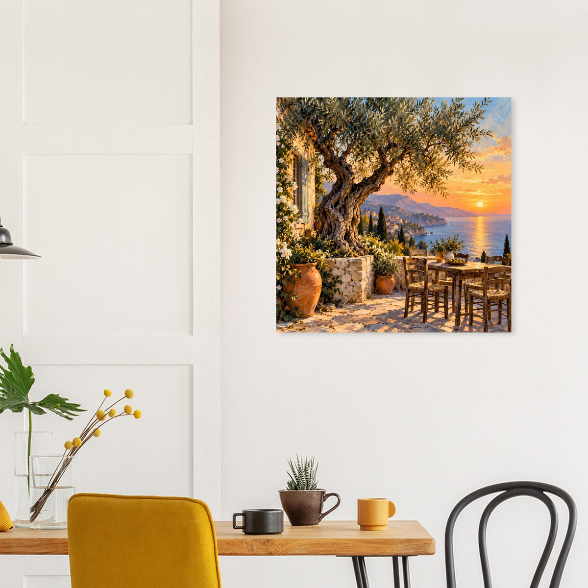 Mediterranes Sonnenuntergangs-Poster mit Terrasse, Olivenzweigen und Abendsonne