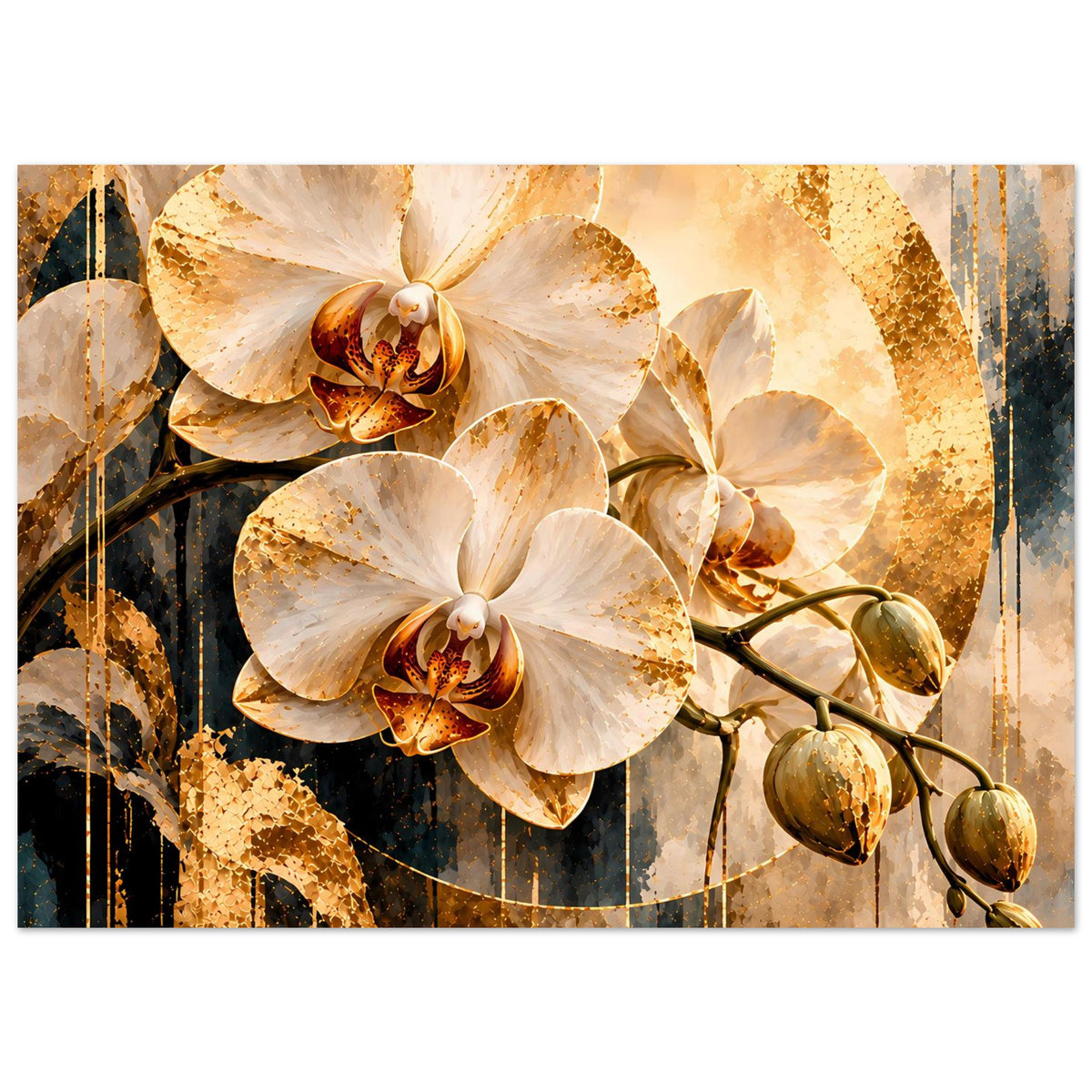 Wandposter im Querformat mit weißen Orchideenblüten, goldfarbenen Sprenkeln und creme Tönen