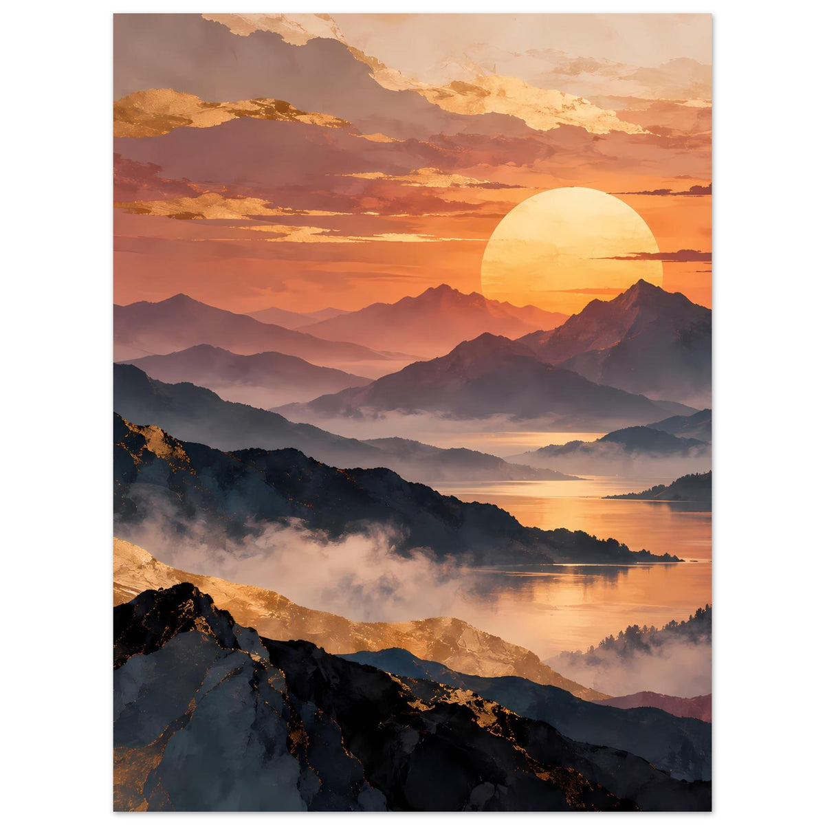 Hochformatiges Poster mit Sonnenuntergang, mehrschichtigen Bergen und sanftem Dunst