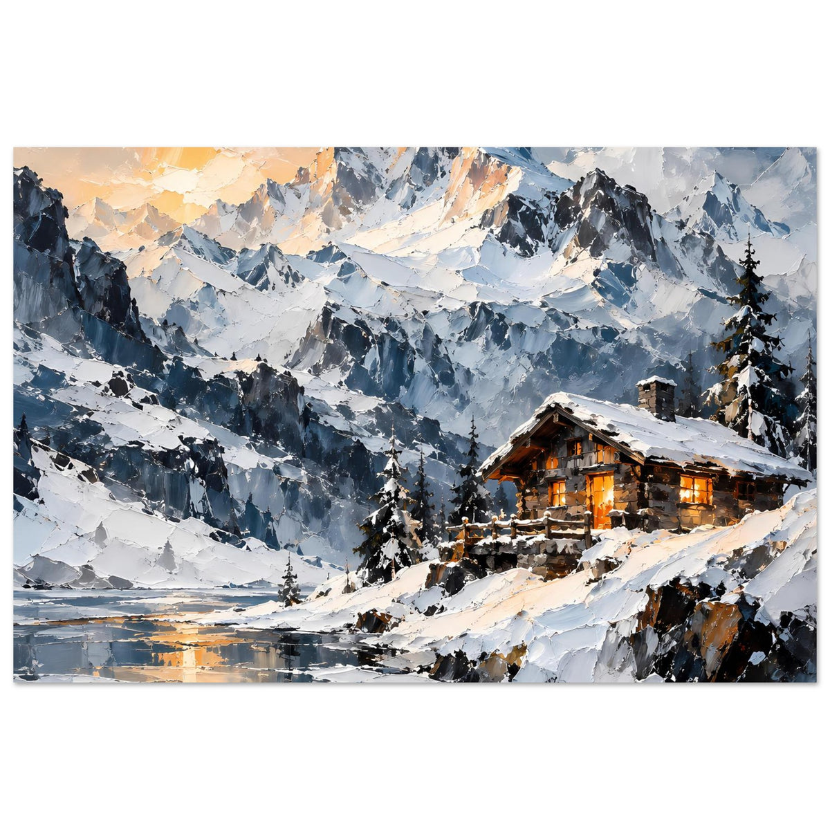 Landschafts-Poster: schneebedeckte Berge, Berghütte rechts mit warmen Lichtern, ruhiges Tal