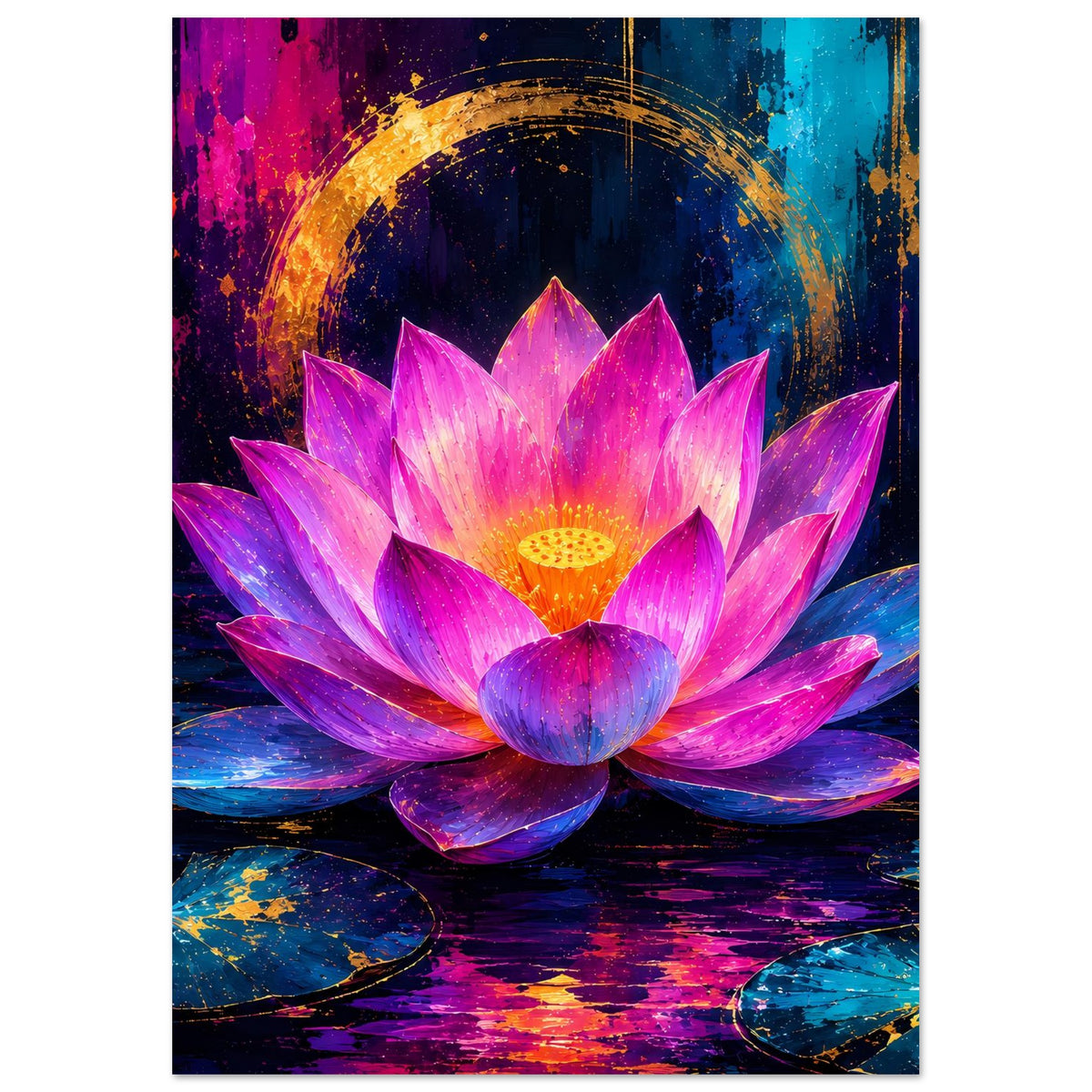 Vertikales Blumenposter mit Lotusblüte in Rosa und Violett, goldener Mitte und Lichtkranz