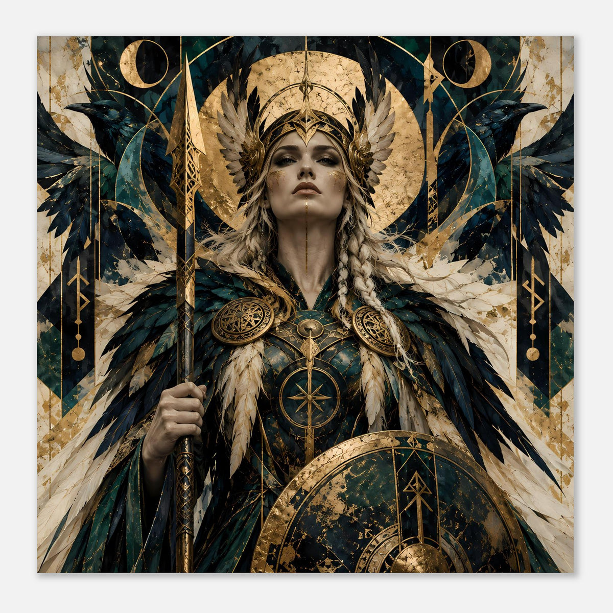 Quadratisches Wikinger-Kriegerinnen-Poster in Petrol und Gold, mit Flügeln, Helm und Schild