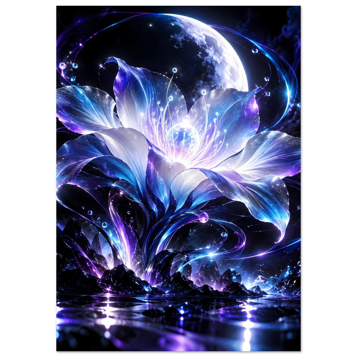 Hochformatiges Poster mit leuchtender Mondsichel, Fantasy-Blüten und Wasserreflexion in Blau-Violett