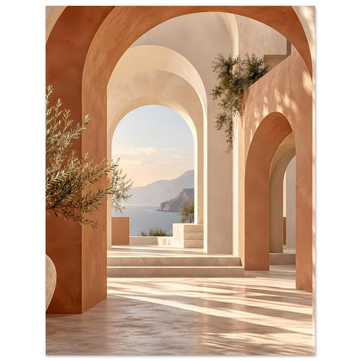 Mediterranes Poster mit Galerie aus Rundbögen, Olivenzweig links, Blick ins Tal bei goldenen Farben