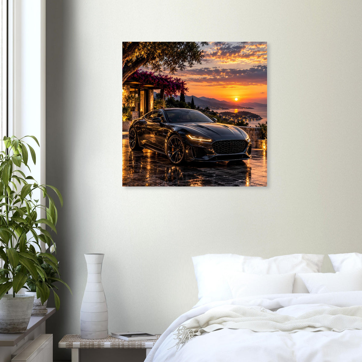 Poster mit Sonnenuntergang über Landschaft und schwarzem Sportwagen, orangefarbener Himmel