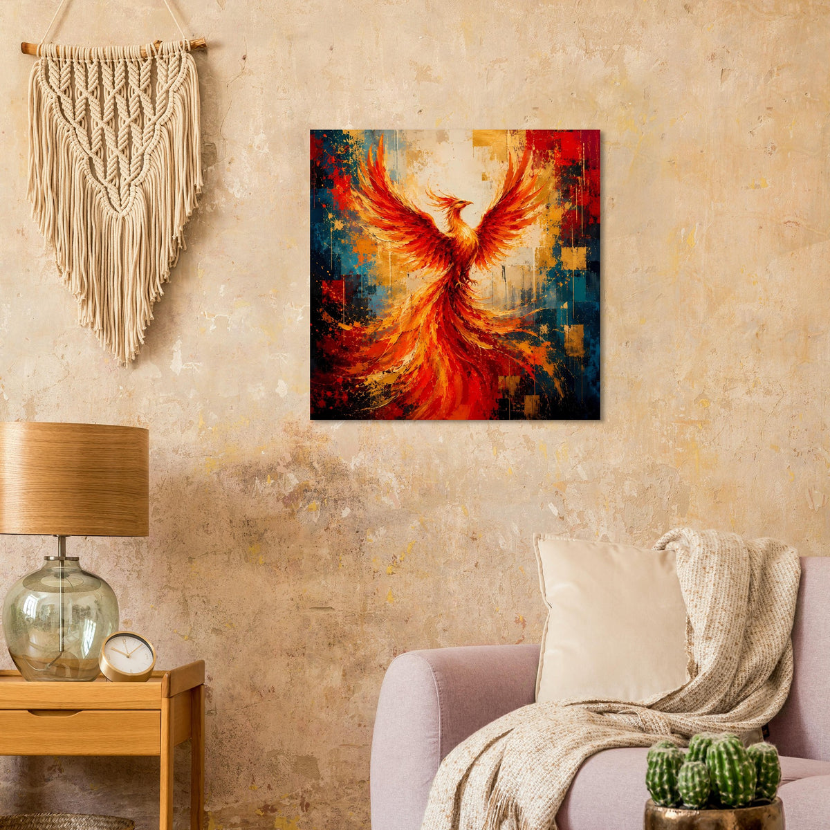 Gerahmtes Phönix-Wandposter mit flammenden Flügeln, orangefarbener Farbverlauf, Blau