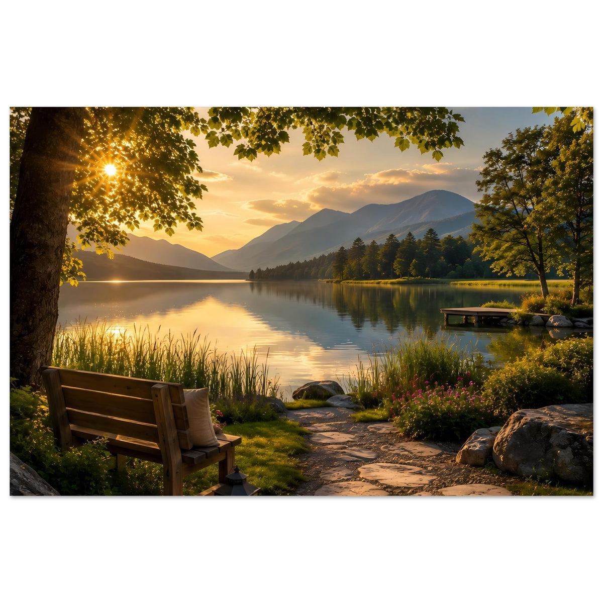 Poster mit See-Landschaft bei Sonnenuntergang, Bäume am Rand und Steg im Hintergrund