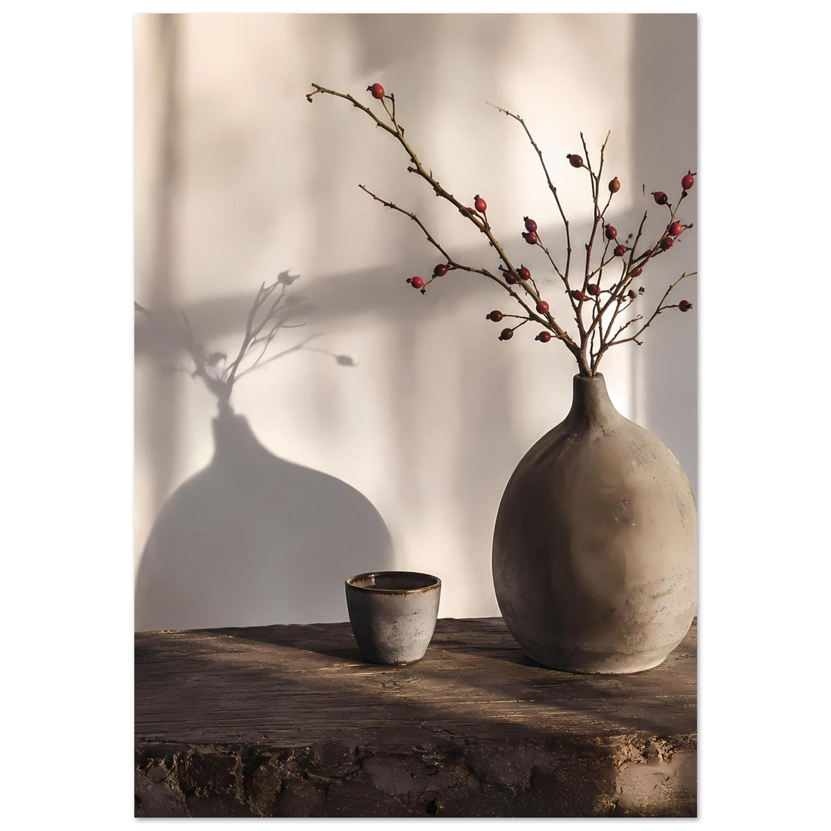Still-Life-Poster mit Vase und rot-schwarzen Beerenzweigen, Tasse auf Holzbank