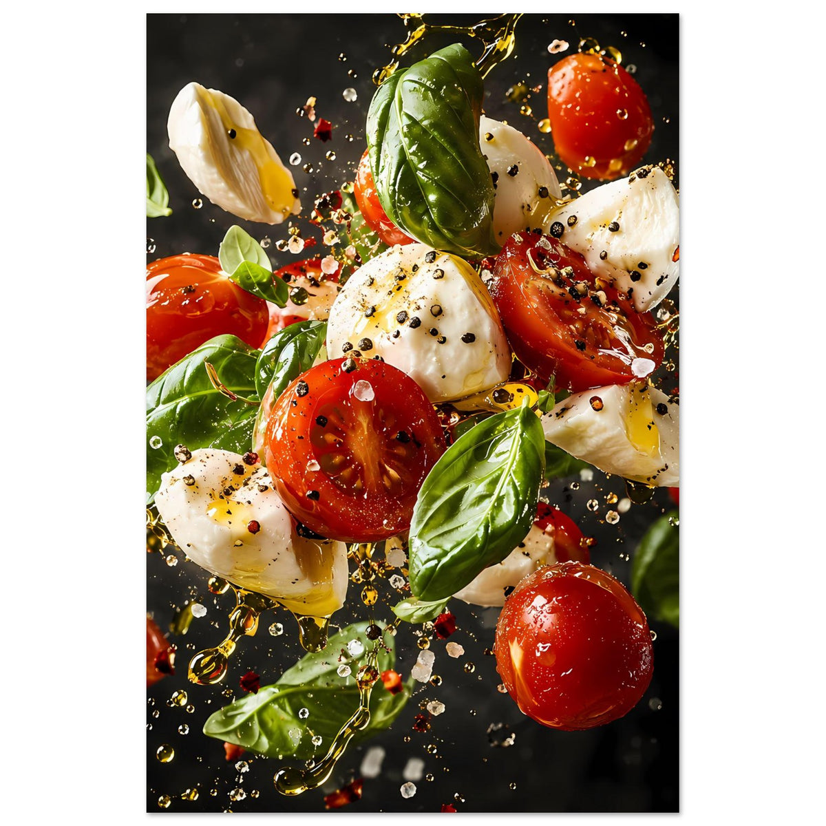 Kunstposter Caprese-Salat im Hochformat: Tomaten, Mozzarella, Basilikum