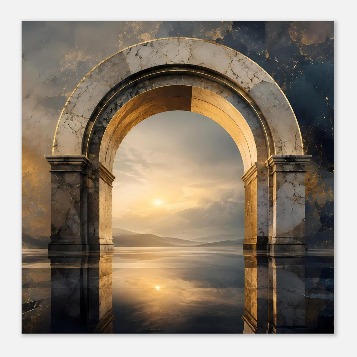 Poster mit antikem Marmorbogen über spiegelndem Wasser und goldenem Sonnenaufgang
