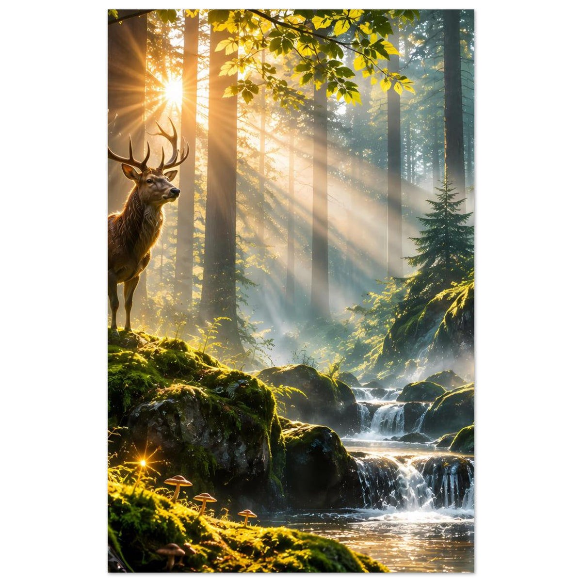 Wandposter im Hochformat: Hirsch links vor Wald, Wasserfall rechts unten, goldenes Licht