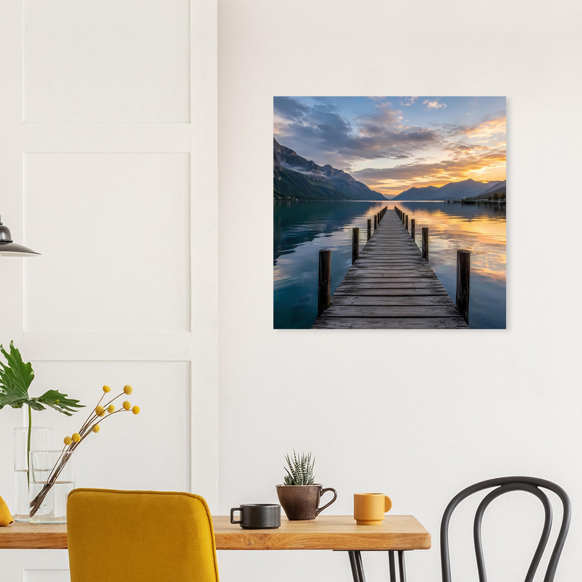 Quadratisches Poster mit Holzsteg und Seespiegel, Sonnenuntergangsstimmung