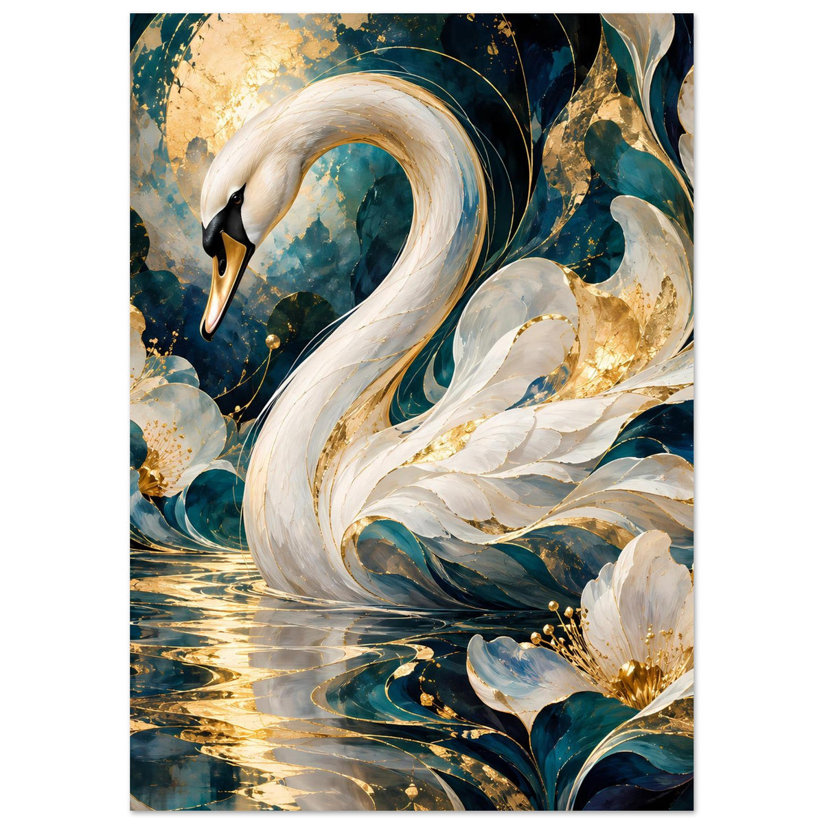Schwanen-Poster: weißer Schwan mit goldenen Sprenkeln und türkisblauen Ranken
