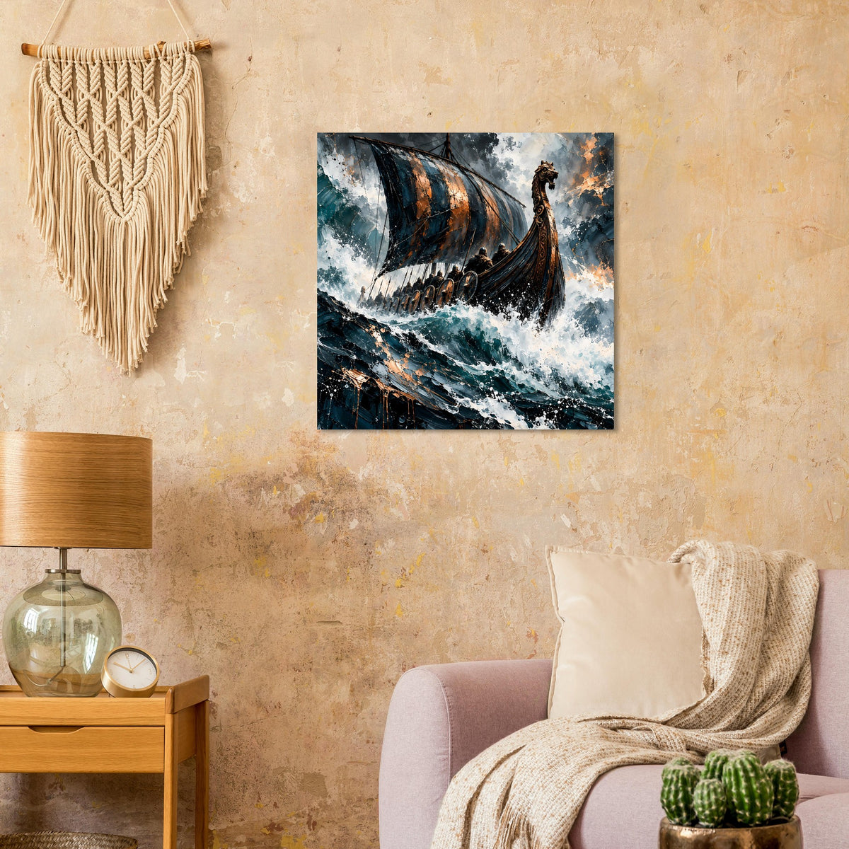 Quadratisches Wandposter: Wikinger-Longship vor graublauem Wasser und weißen Gischtfontänen