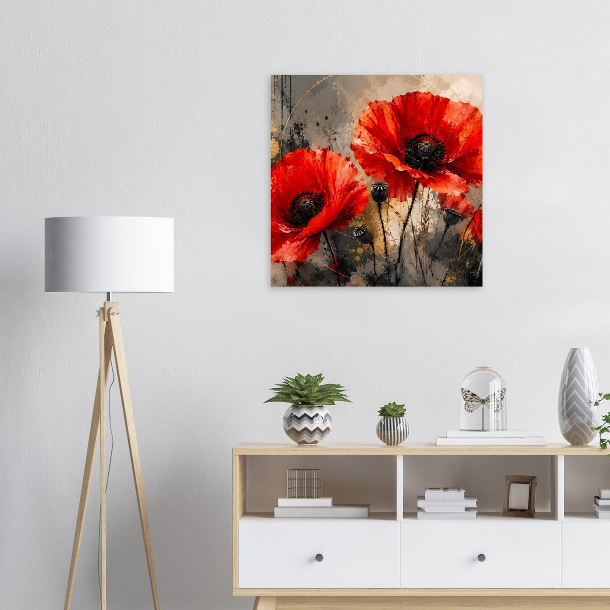 Wandposter mit roten Mohnblumen und schwarzen Blütenkernen, Vintage-Optik.