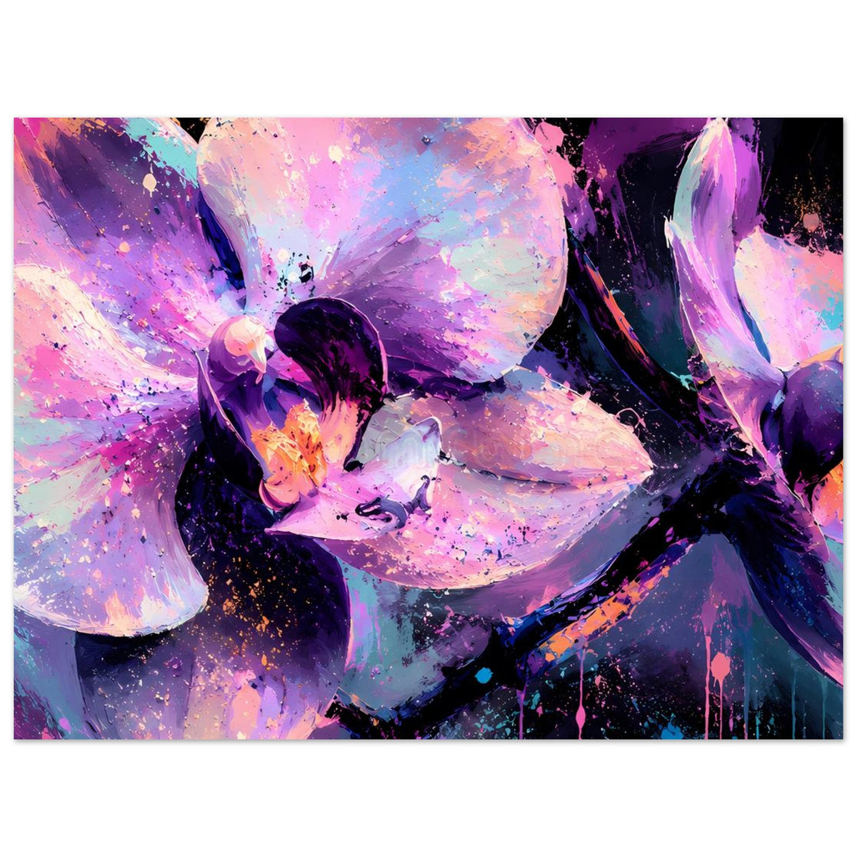 Neon-Orchideenblüten-Poster mit violetten Blättern, pinken Highlights und Spritzfarbe