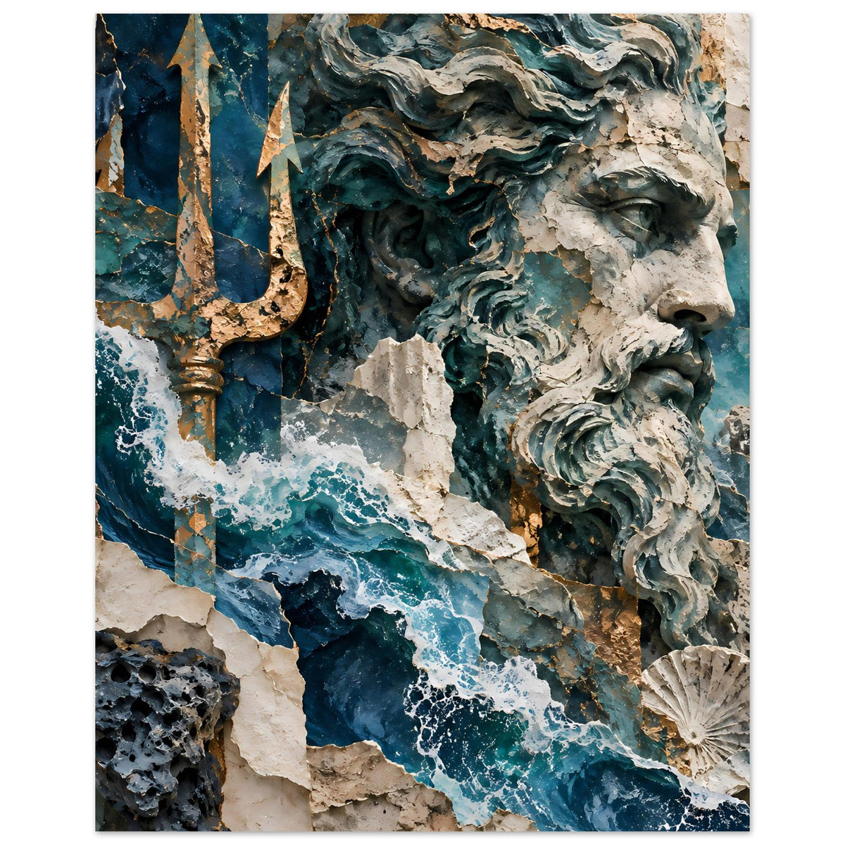 Mythologie-Poster: Kopf und Haar des Meeresgottes Neptun, türkisfarbene Wellen, Säule links