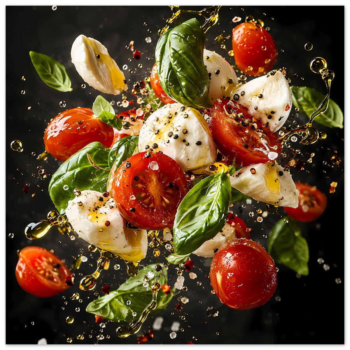 Caprese-Salat-Artposter: Tomaten, Mozzarella und Basilikum mit Spritzern und Krümeln