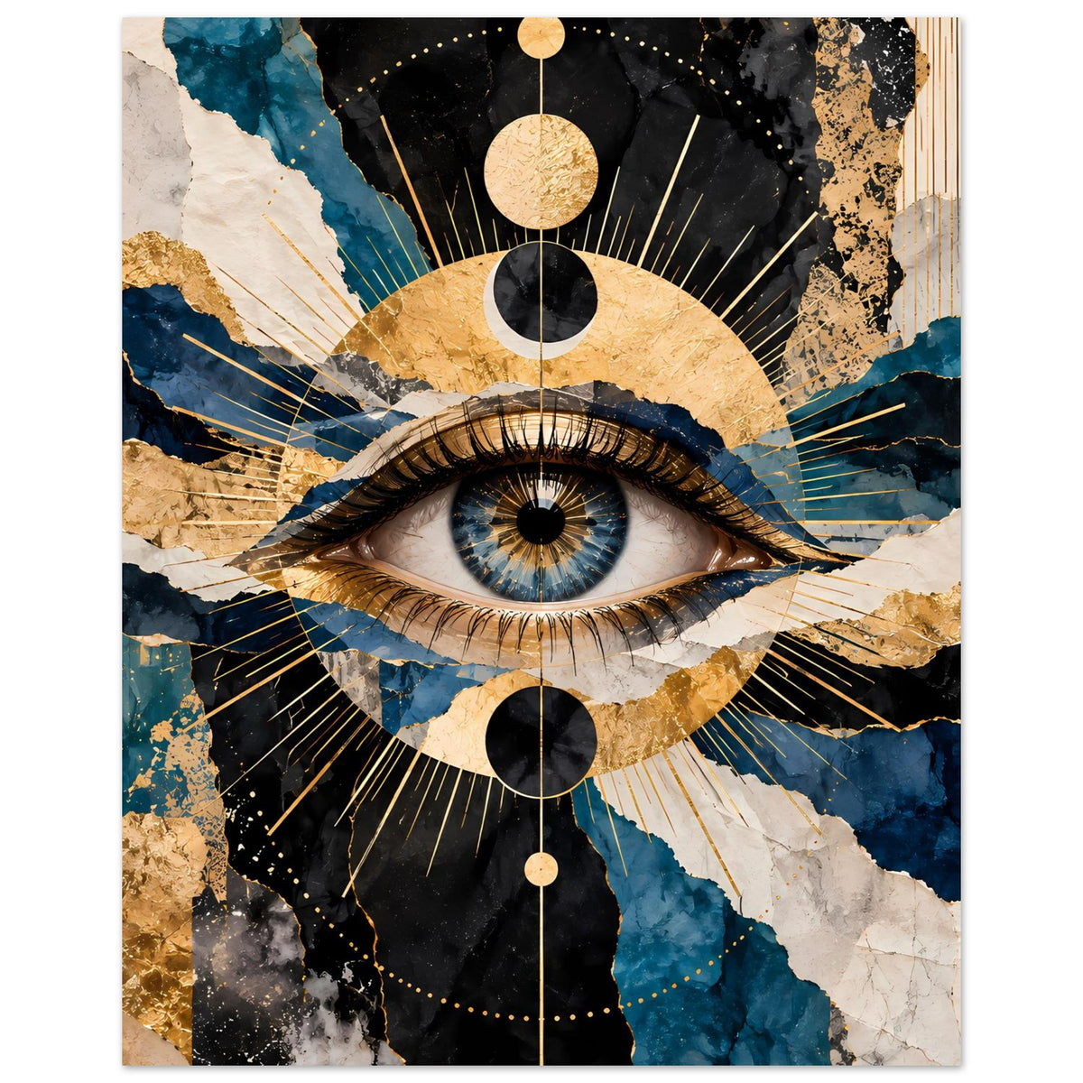 Hochformat-Poster mit großem Auge in Blau, Gold und Schwarz, umrahmt von geometrischen Kreisen.