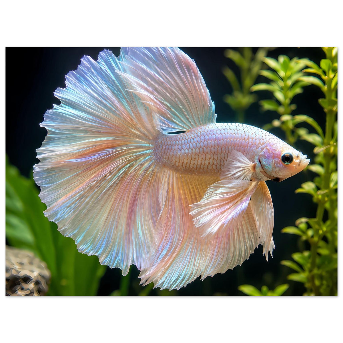 Betta-Fischposter mit seitlicher Kopfansicht, gefächerten Flossen in Pastellfarben
