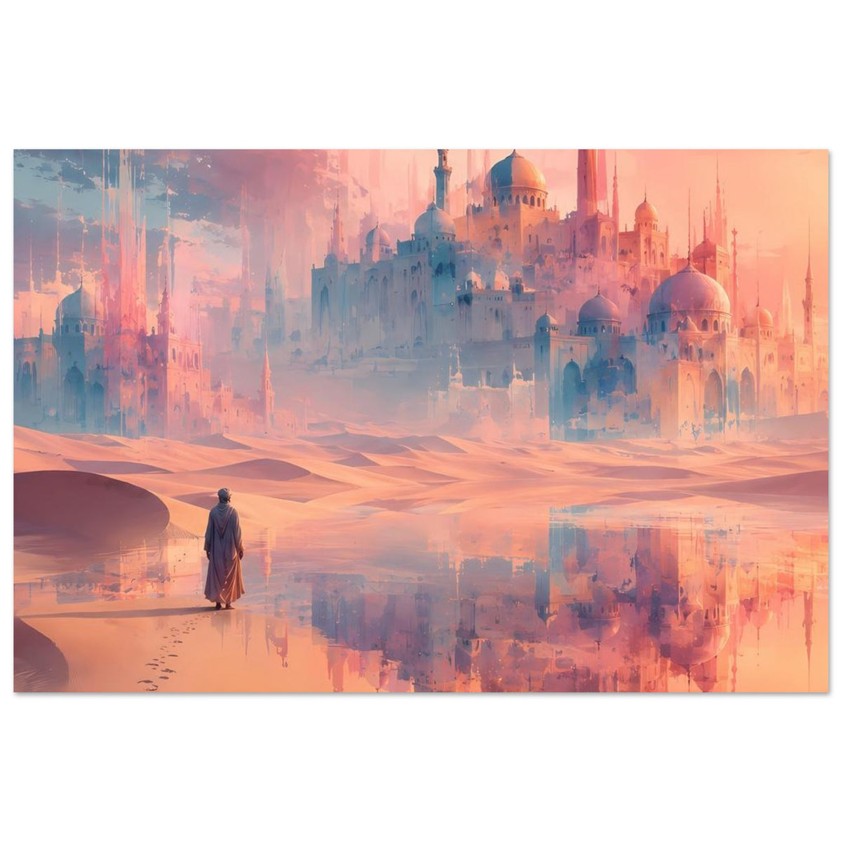 Wandposter im Querformat: Palast mit Kuppeln, Wüstenlandschaft, gehende Figur und Spiegelbild