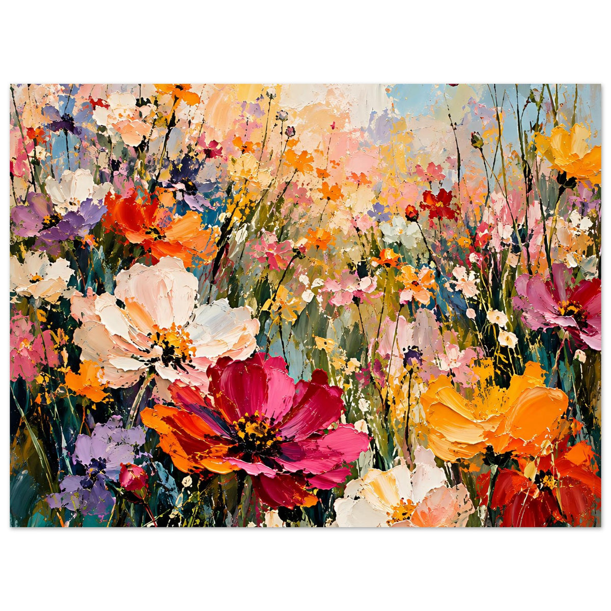 Blumenposter im Hochformat mit bunten Blüten und farbigen Farbspritzern am Rand