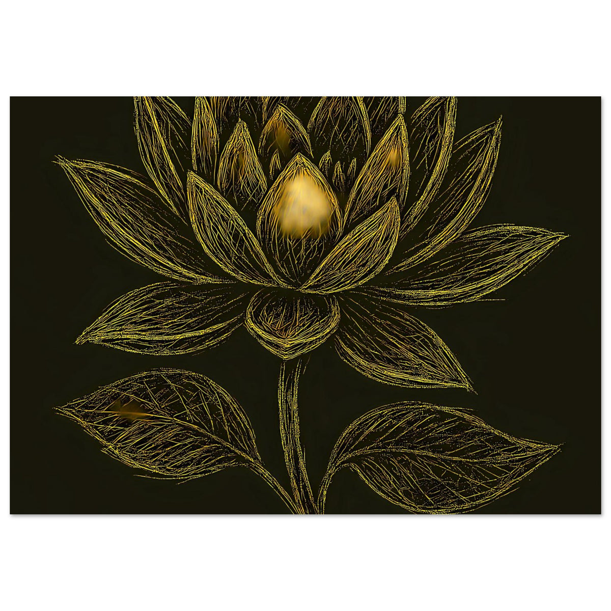 Querformatiges Poster mit goldener Lotusblüte und Blättern, gleichmäßige Liniengrafik