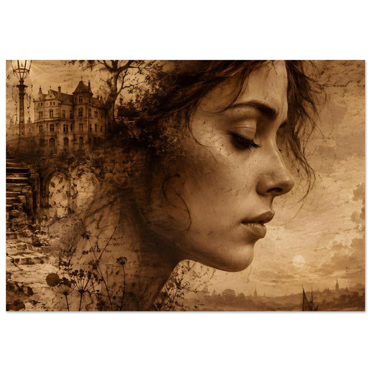 Sepia-Fantasy-Poster, Panoramaansicht: Frauenprofil, Laternen und Schiffe am Rand