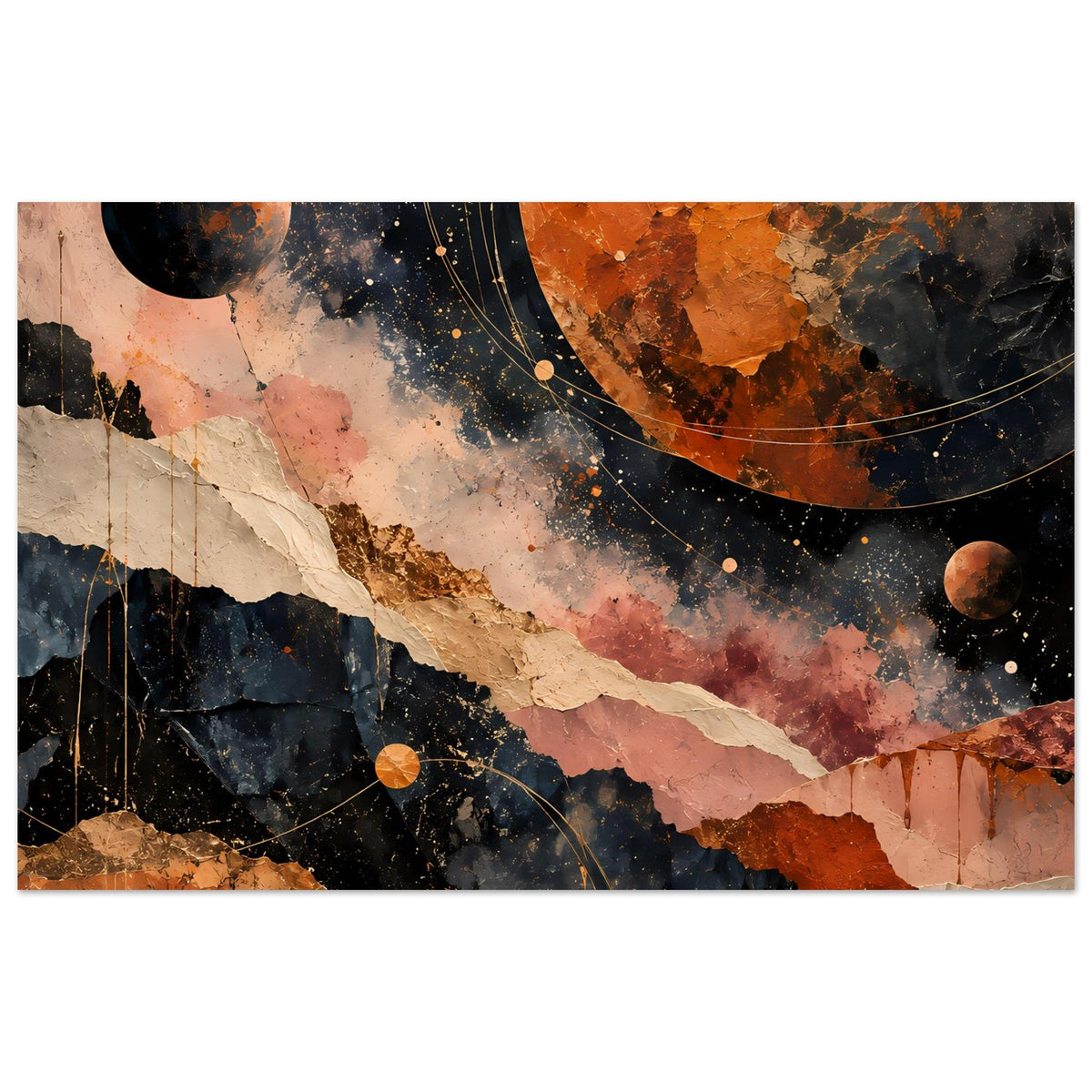 Abstraktes Kosmos-Landschaftsposter (horizontal), warmes Erdton-Design mit Planeten und Ringen