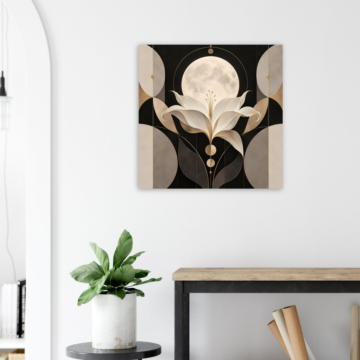 Art-déco-Poster mit Mondschein-Lilie in Gold und Creme, quadratisch