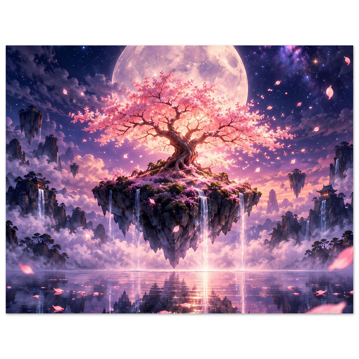 Kirschblütenbaum-Poster Hochformat: schwebende Insel, rosafarbener Kirschbaum, Vollmond
