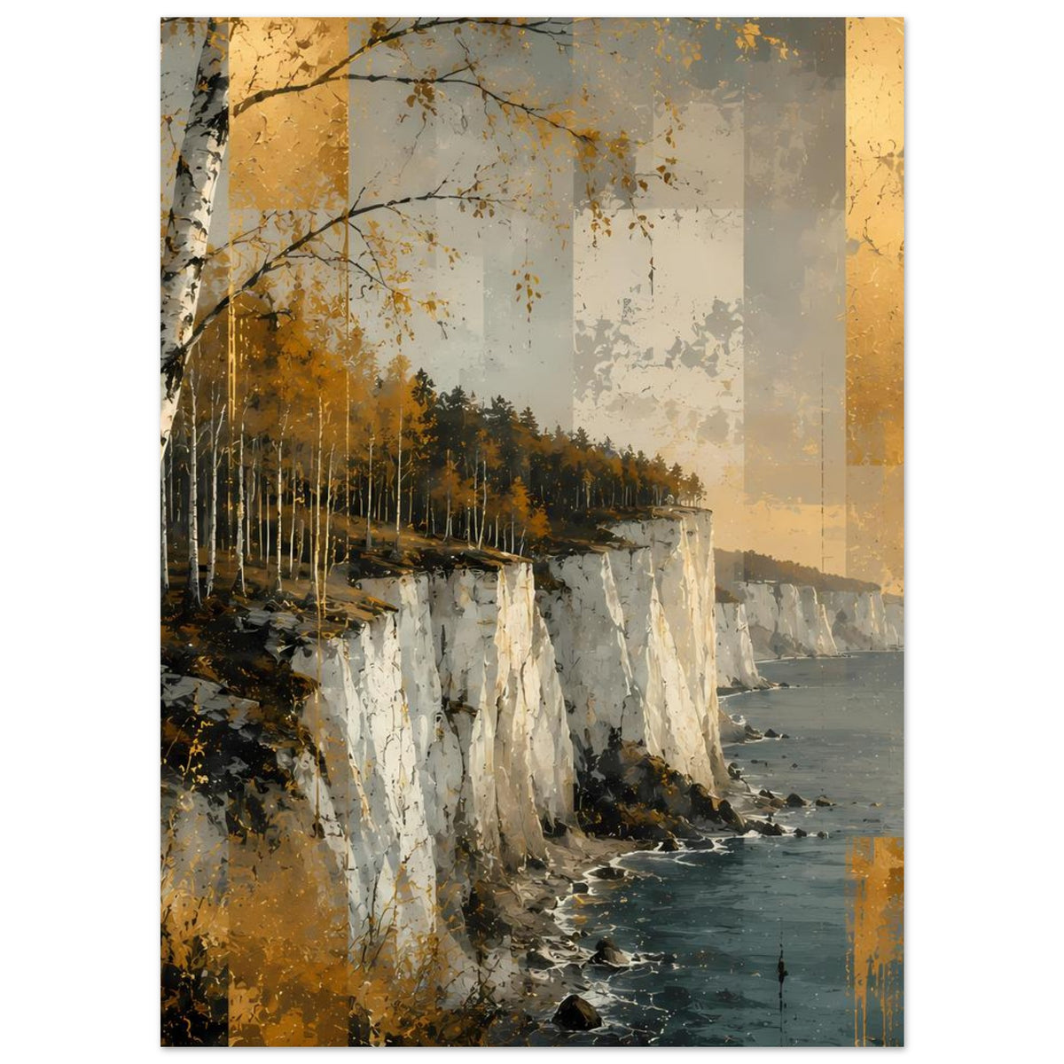 Herbstliches Küstenlandschafts-Poster mit Birken, Steilküste und Meer in warmen Gold- und Grautönen