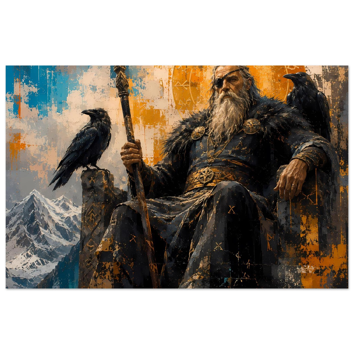 Querformat-Poster: bärtiger Norse-Gott sitzt, hält Speer; Rabe links, knorrige Ornamente im Hintergrund