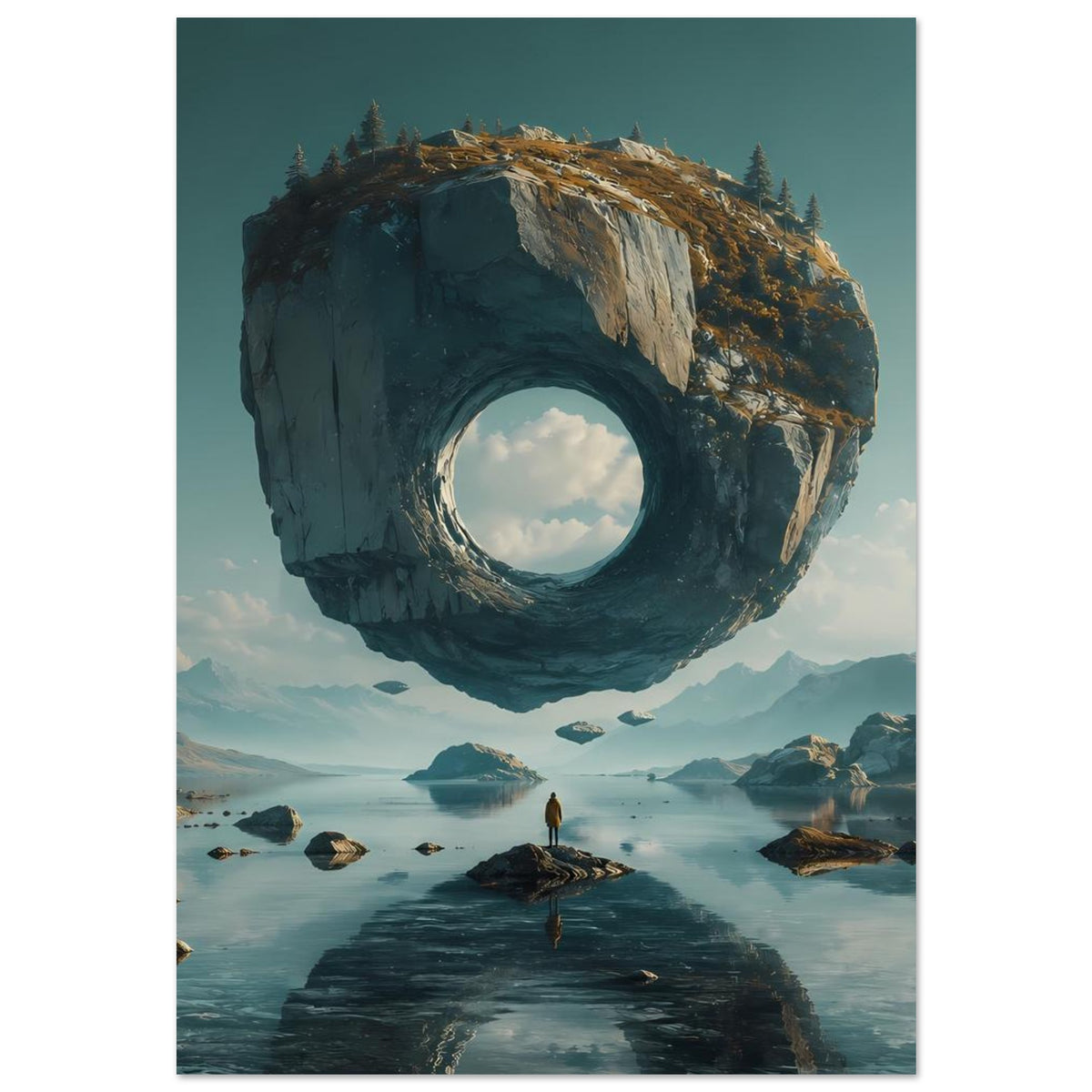 Surreales Poster im Hochformat: schwebender Felsring über türkisfarbenem See mit Figur