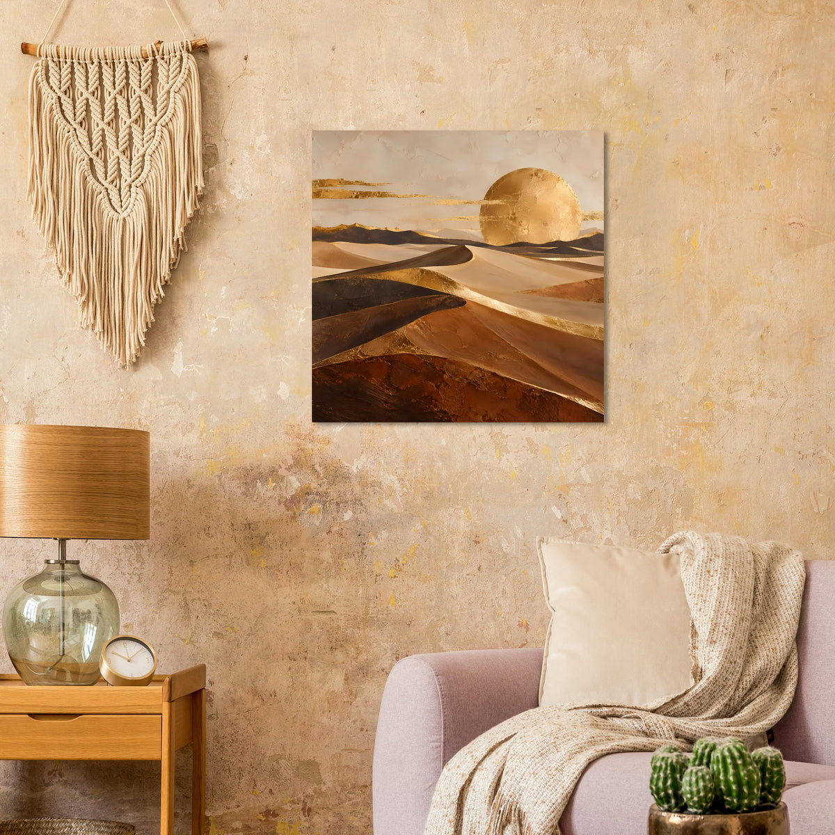 Poster mit goldener Sonne und Dünen in warmen Erdtönen