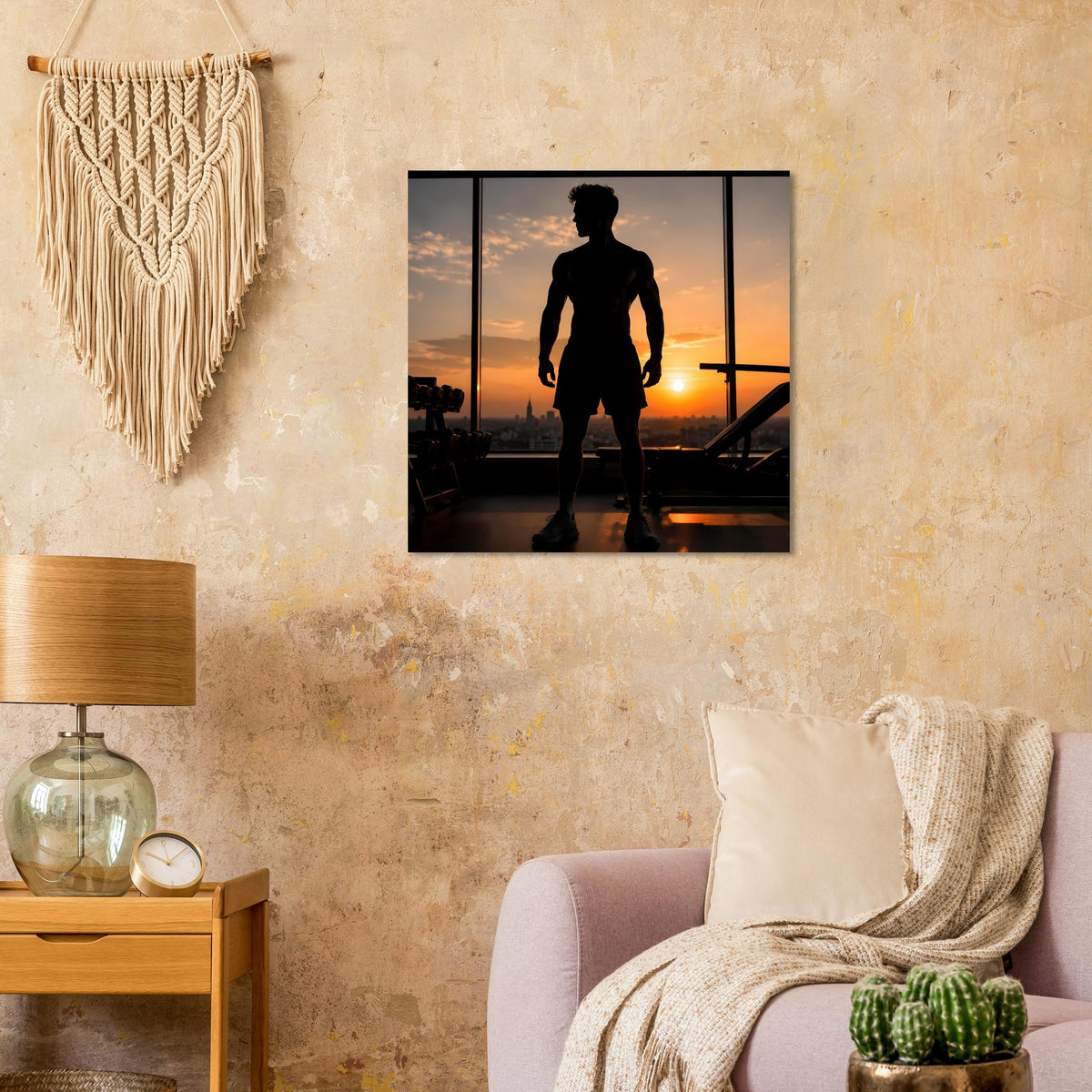 Fitness-Poster mit zentraler Sportler-Silhouette vor Skyline im Sonnenuntergang, schwarz gerahmt