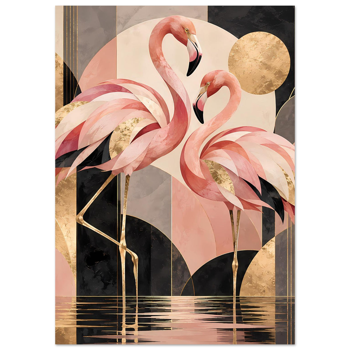 Zwei rosa Flamingos vor geometrischem Hintergrund mit Goldakzenten in Schwarz und Creme – Posteransicht 28