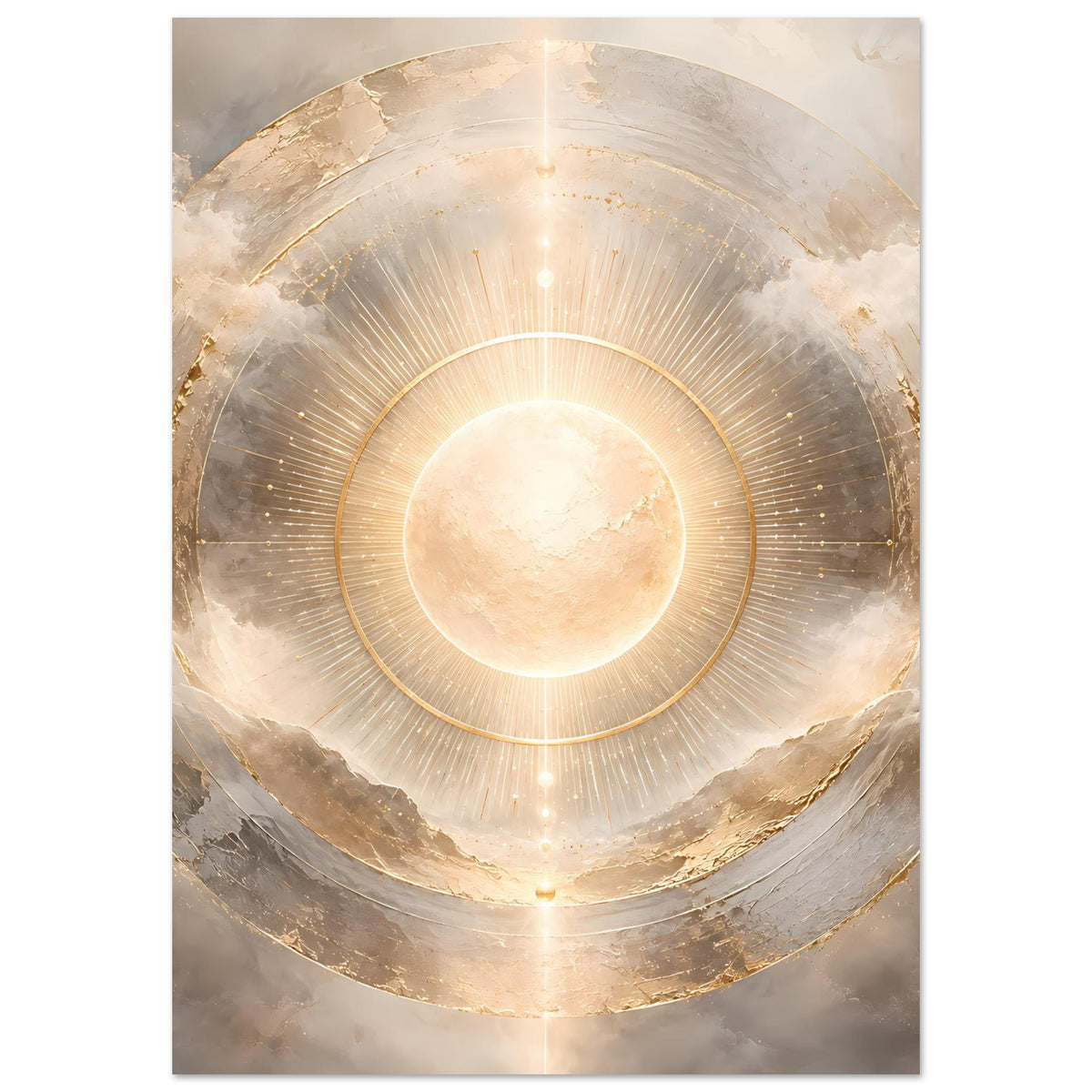 Kosmos-Poster mit Sonnenscheibe im Zentrum, goldenen Ringen und Strahlen, hochformat