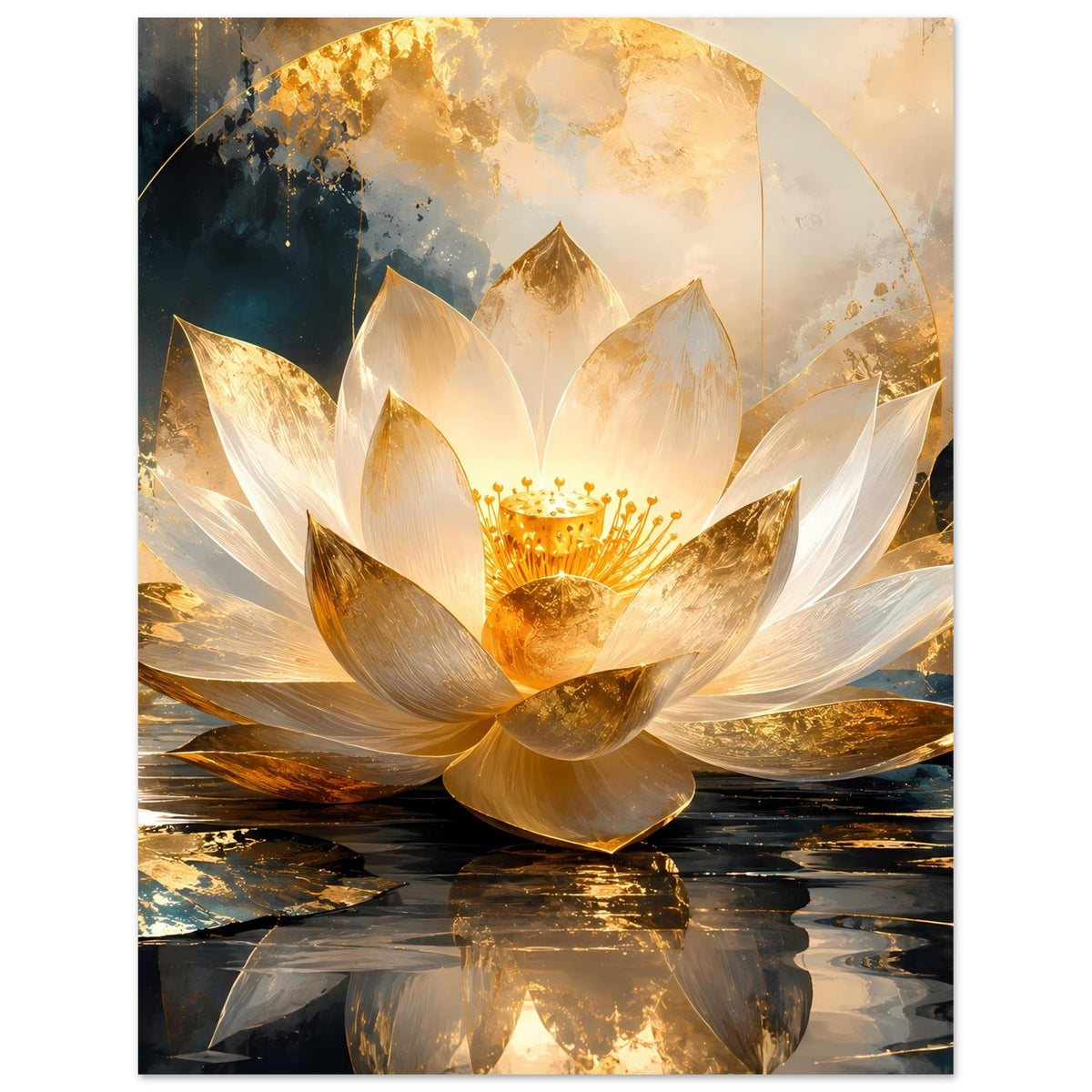 Kunstposter mit goldweißer Lotusblüte, umgeben von goldenen Wasserspiegelungen