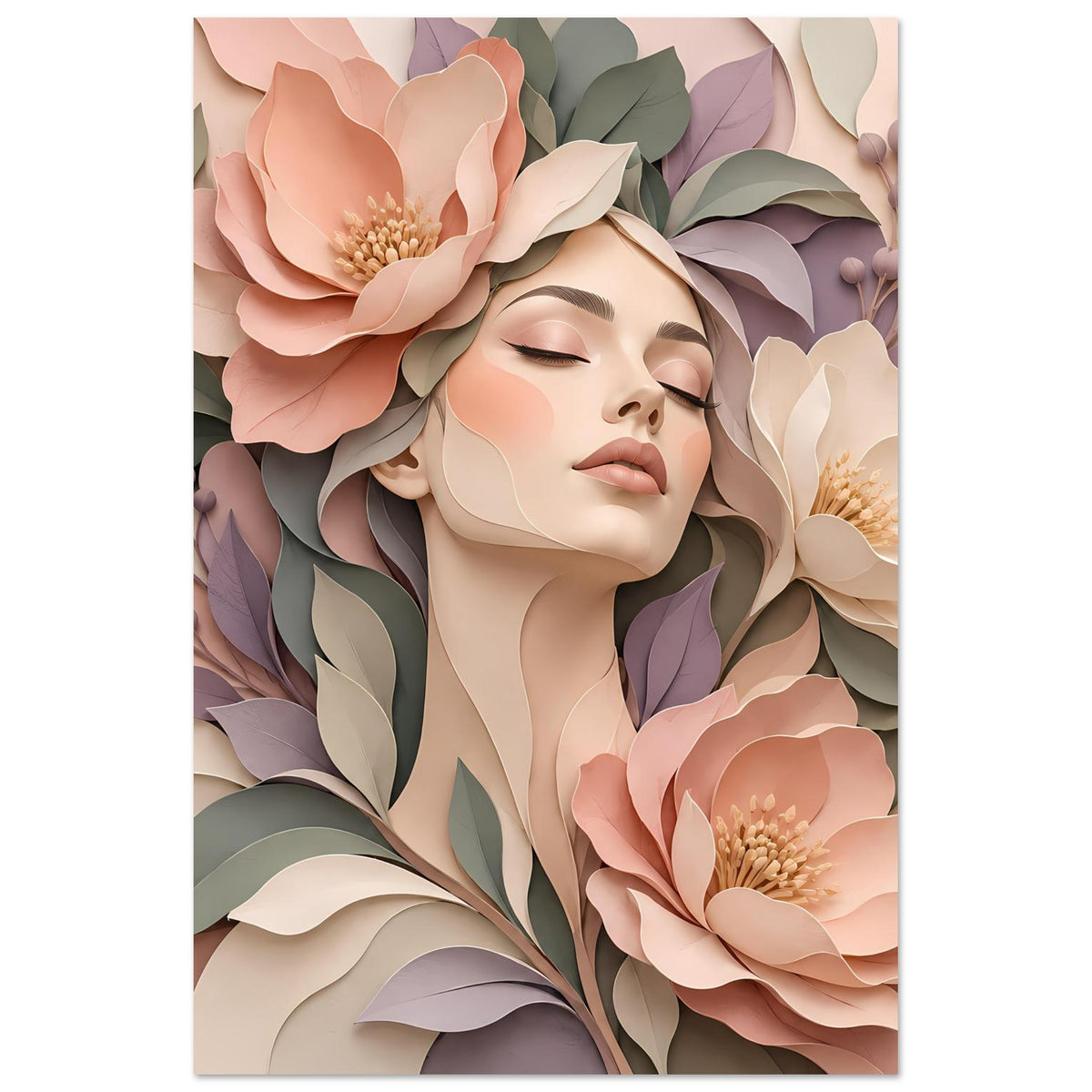 Florales Portraitposter im Hochformat: Frauenkopf mit geschlossenen Augen, umgeben von großen Blüten