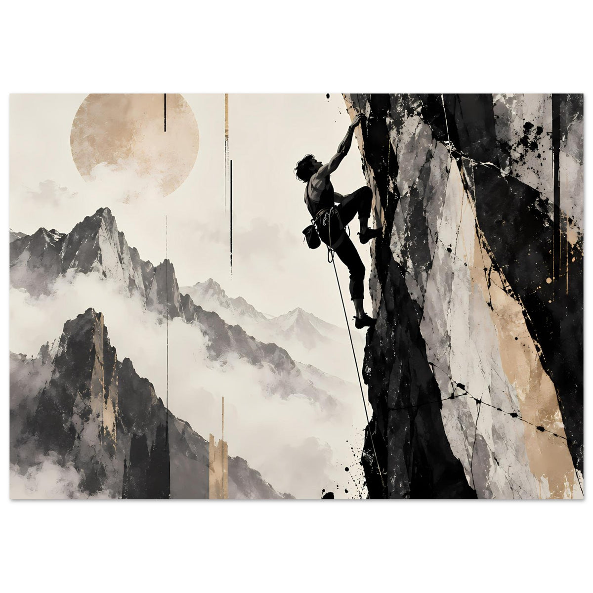 Horizontales Poster: Bergsteiger am Fels, Bergpanorama in Schwarz-Weiß mit beigem Kreis