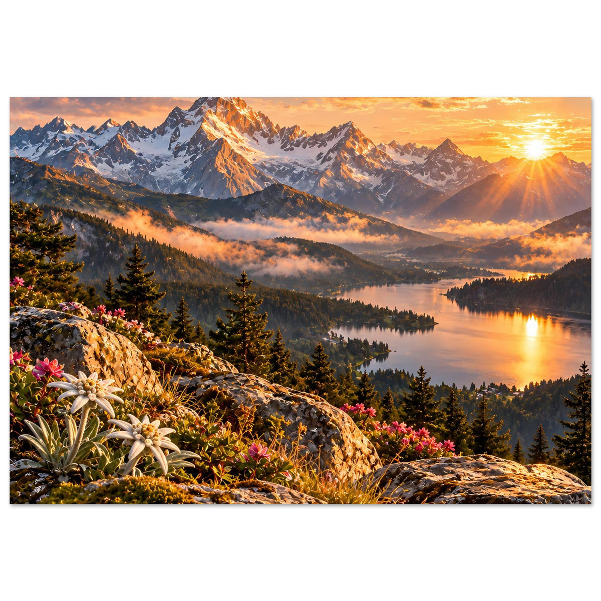 Landschaftsposter mit Bergkette, Sonnenstrahlen und See; Felsen und Blüten im Vordergrund