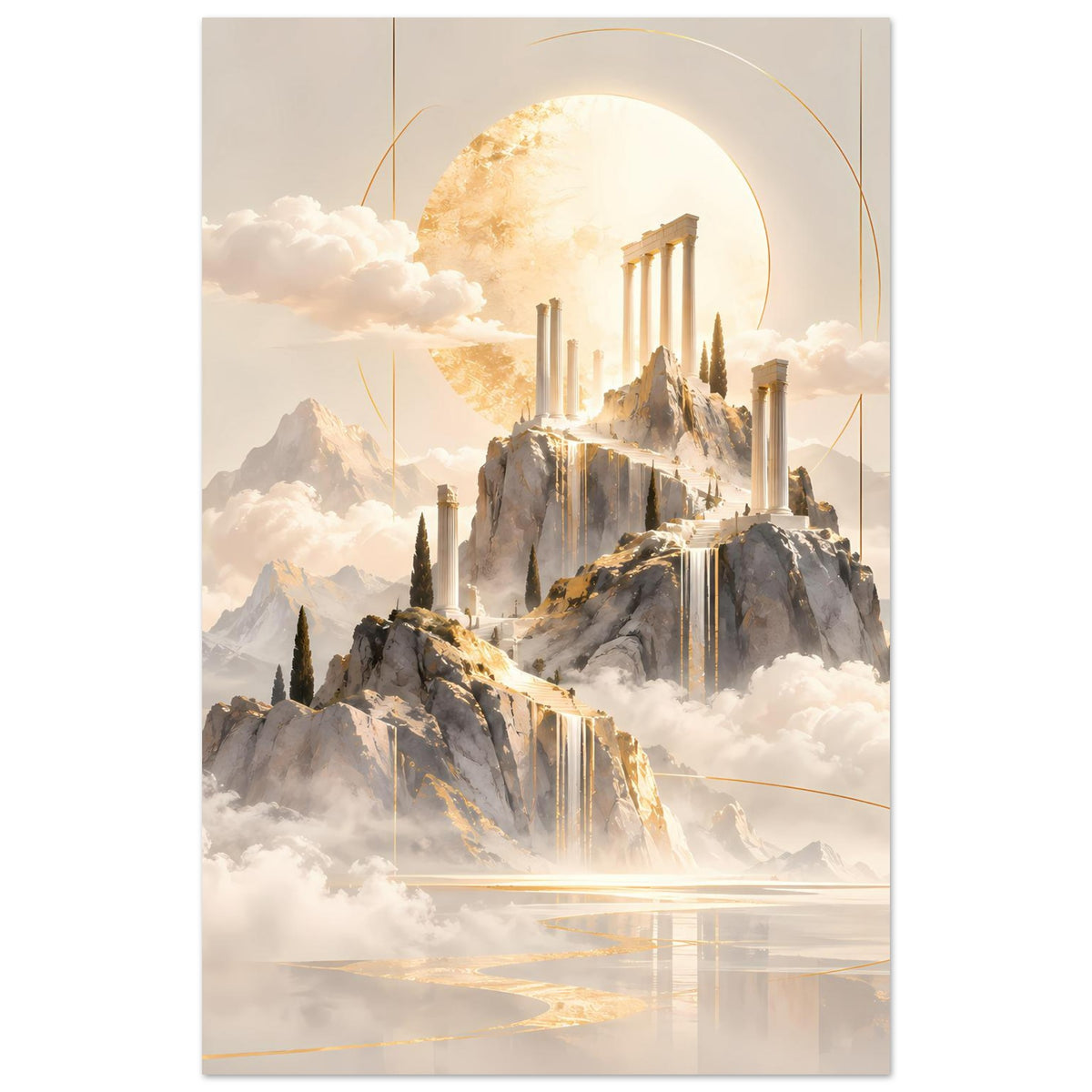 Poster im Hochformat mit Tempelsäulen, Lichtstrahlen auf Bergfelsen und goldenem Sonnenkreis