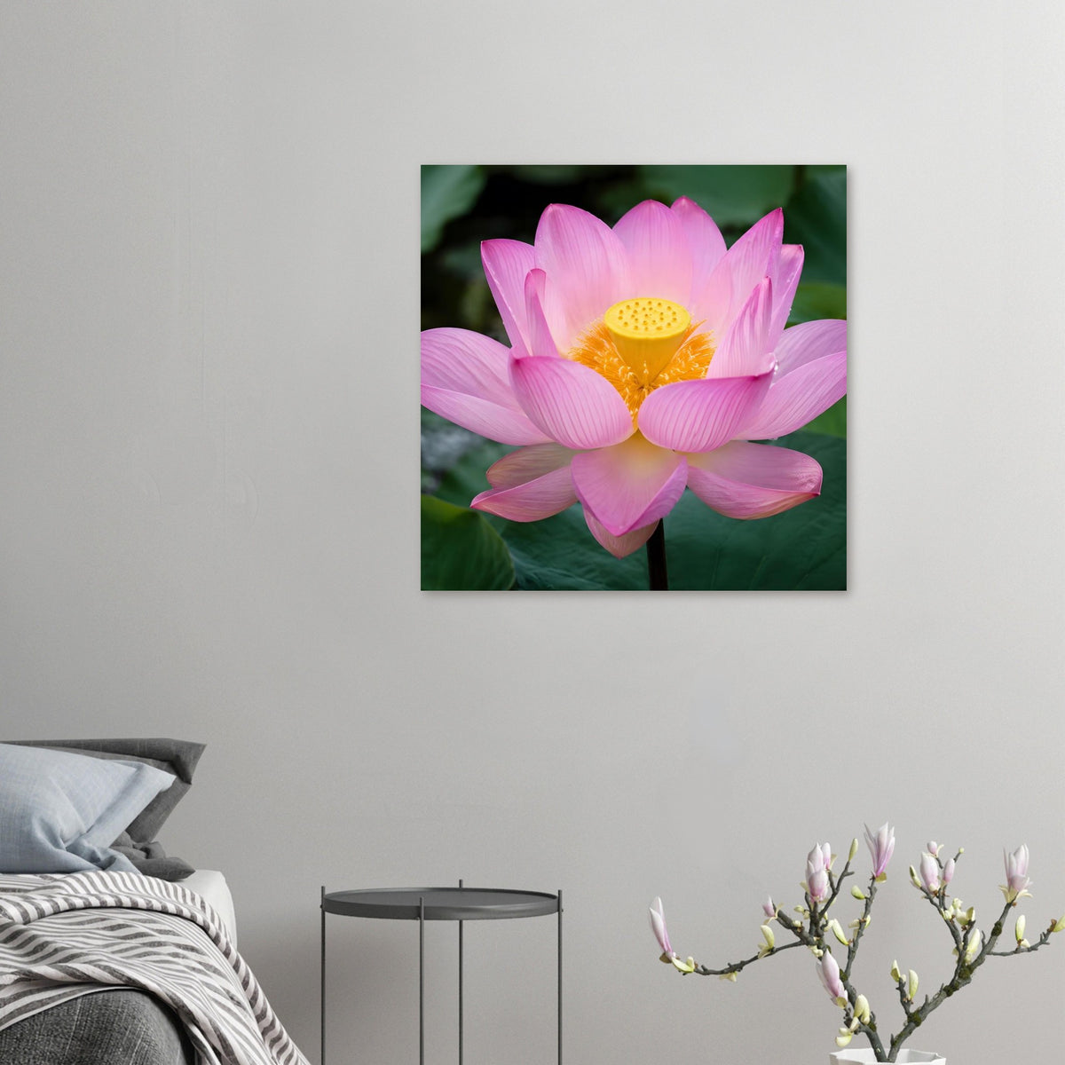Kleines Poster mit rosa Lotusblüte und gelbem Blütenkern, zentrale Blütenansicht
