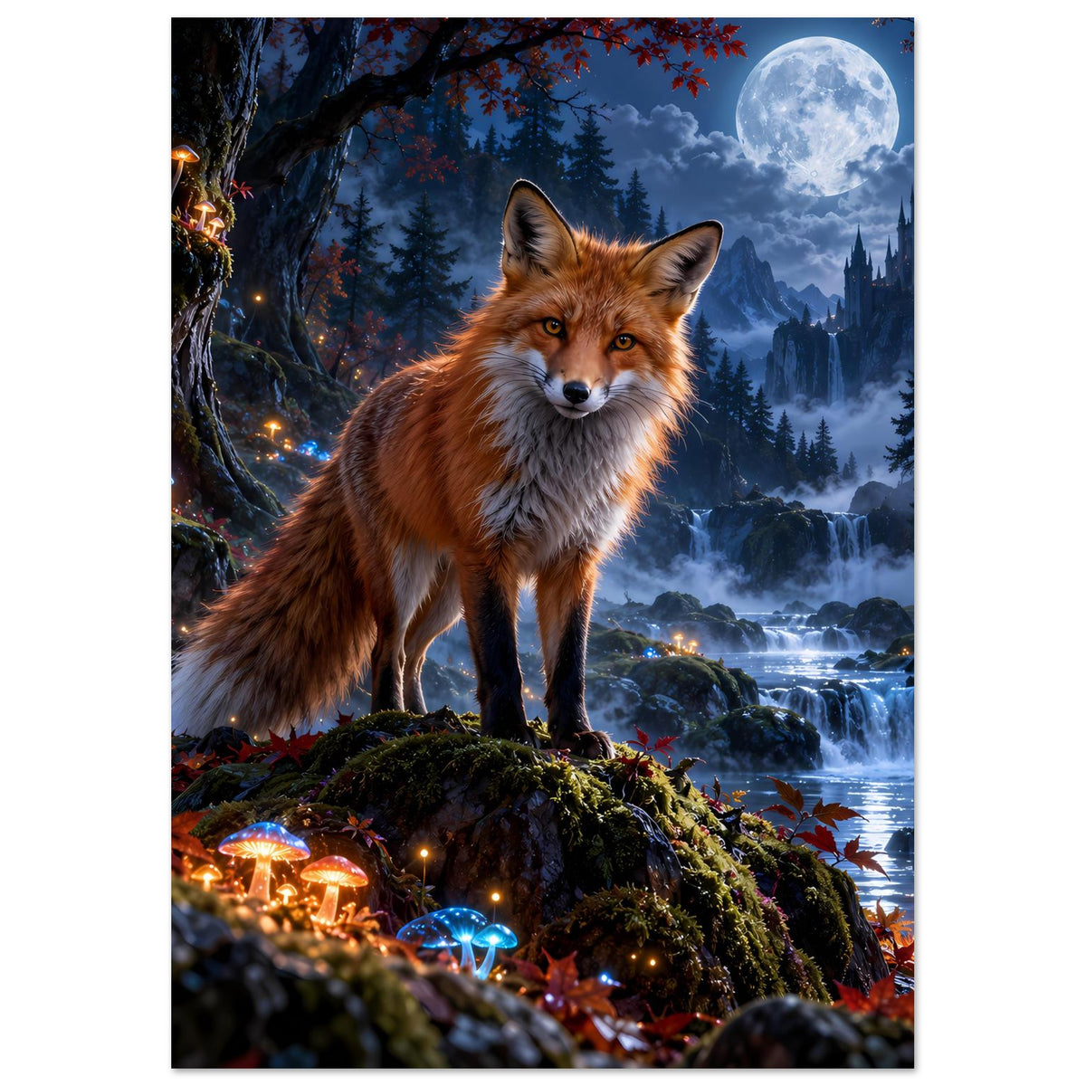 Verwunschener Nachtwald mit Rotfuchs, schimmernden Pilzen und Mondlicht – Kunstposter