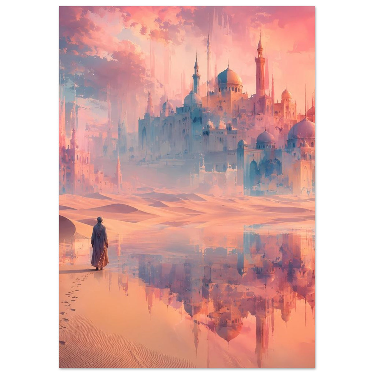 Poster Querformat: Palastanlage mit Kuppeln und Minaretten, stehende Gestalt, rosa-oranges Licht