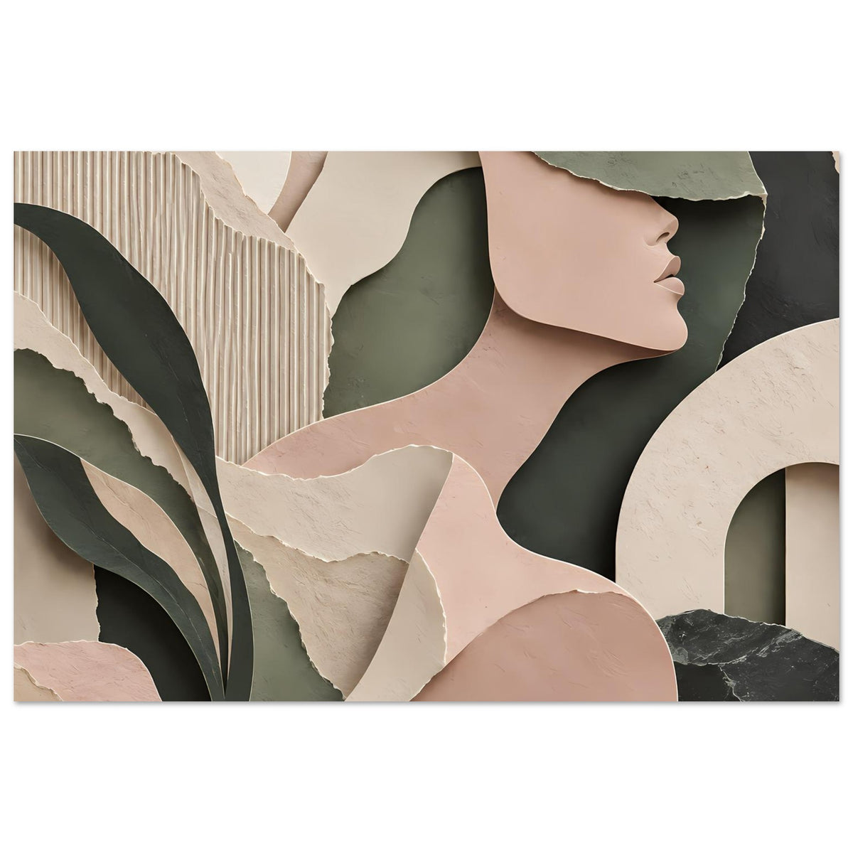 Abstraktes Frauenkunst-Poster mit Frauenprofil und Blattzweig, abstrakte Formen in Beige, Grün und Dunkelgrau.
